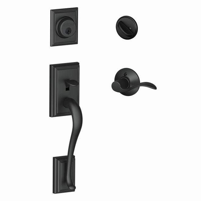 Schlage single cylinder handleset in matte black, featuring Addison style exterior and accent style interior.