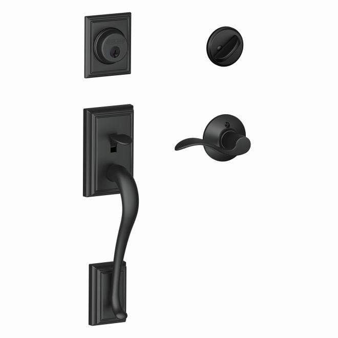 Schlage Addison single cylinder handleset in matte black finish, featuring accent style interior and exterior components.