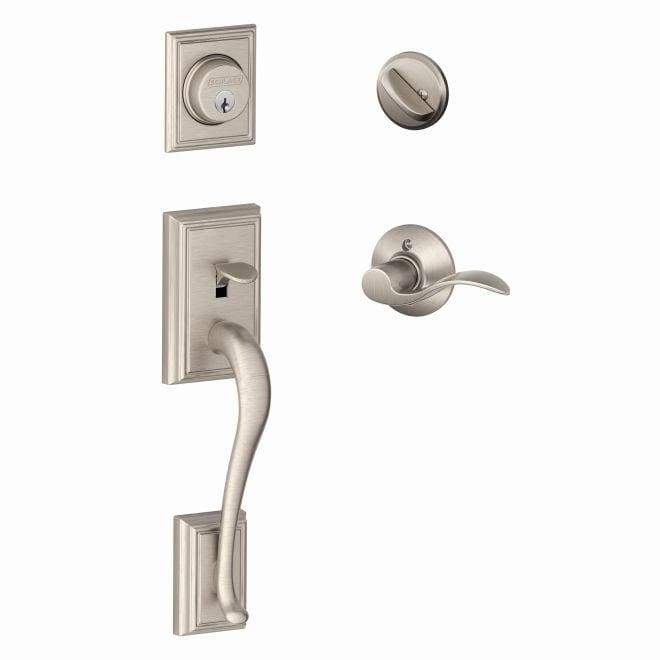 Satin nickel Schlage residential single cylinder handleset in Addison style with accent interior, sold individually.