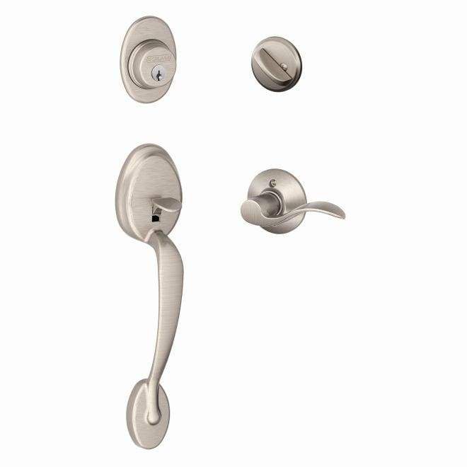 Satin nickel Schlage single cylinder handleset with Plymouth style exterior and accent style interior lockset.