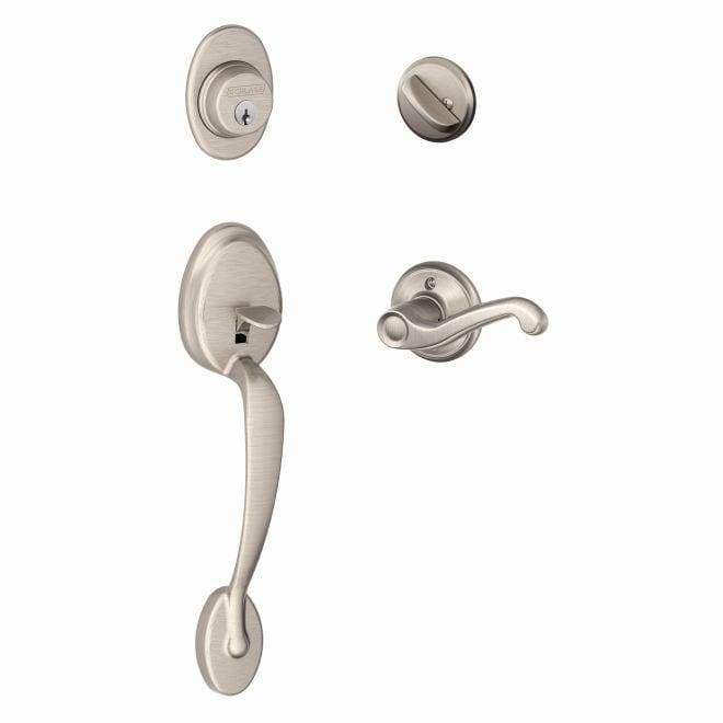 Satin nickel Schlage single cylinder handleset featuring Plymouth style exterior and Flair style interior design.