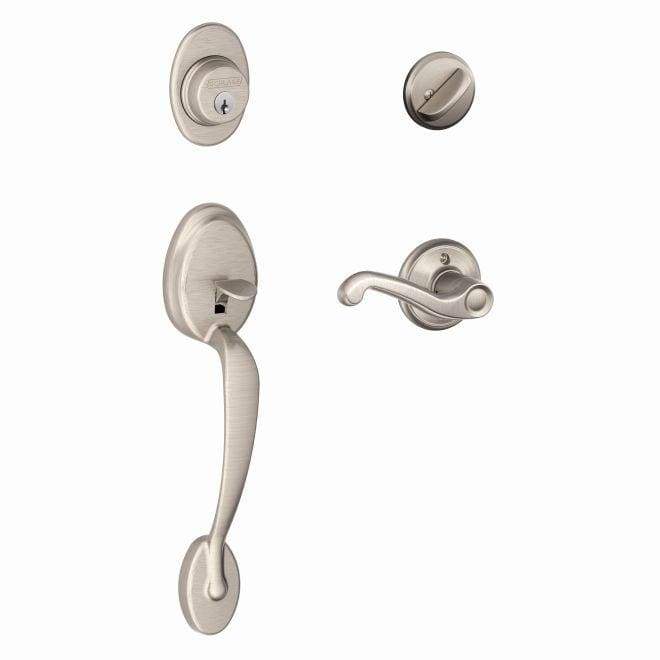 Satin nickel Schlage single cylinder handleset with Plymouth exterior and Flair interior design, sold individually.