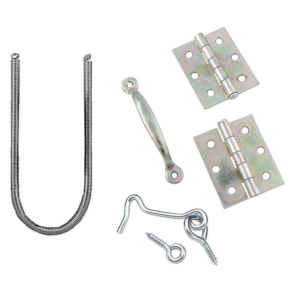 Screen door hinge kits featuring multiple finishes, including hinges, springs, and mounting hardware for easy installation.