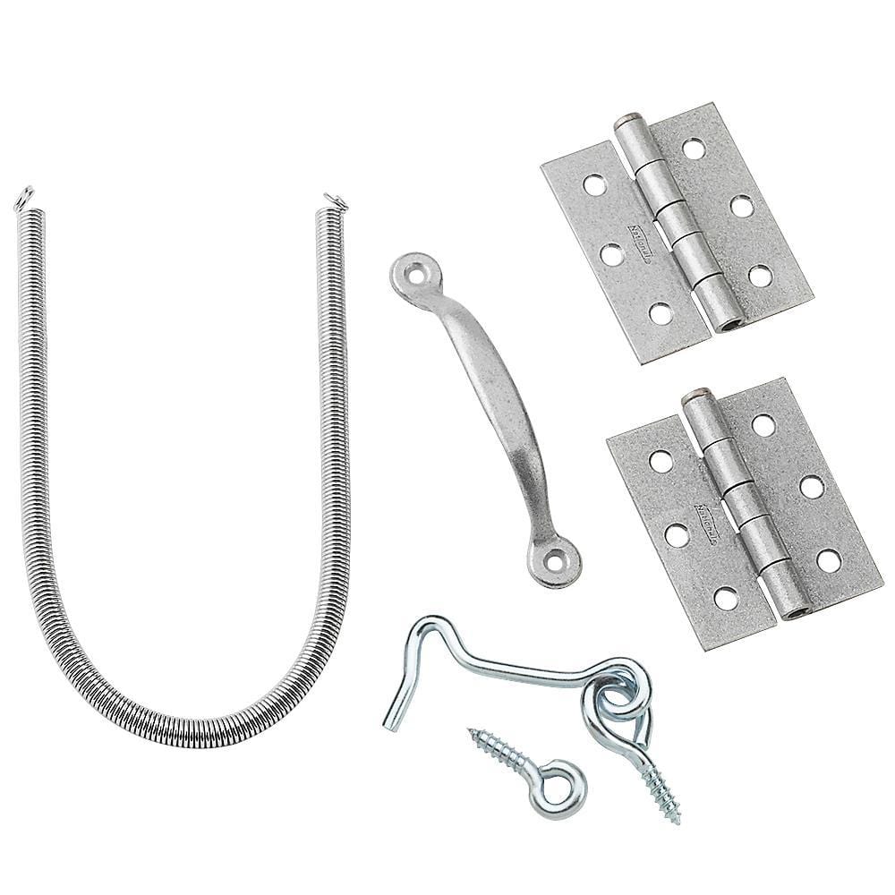 Screen door hinge kits with multiple finishes, including hinges, spring, handle, and installation hardware.