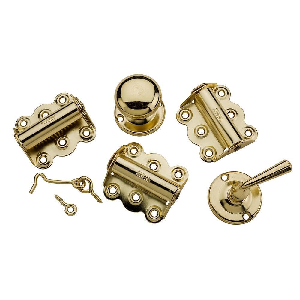 Screen door spring hinge kits in various finishes, including gold, for easy installation and smooth operation.