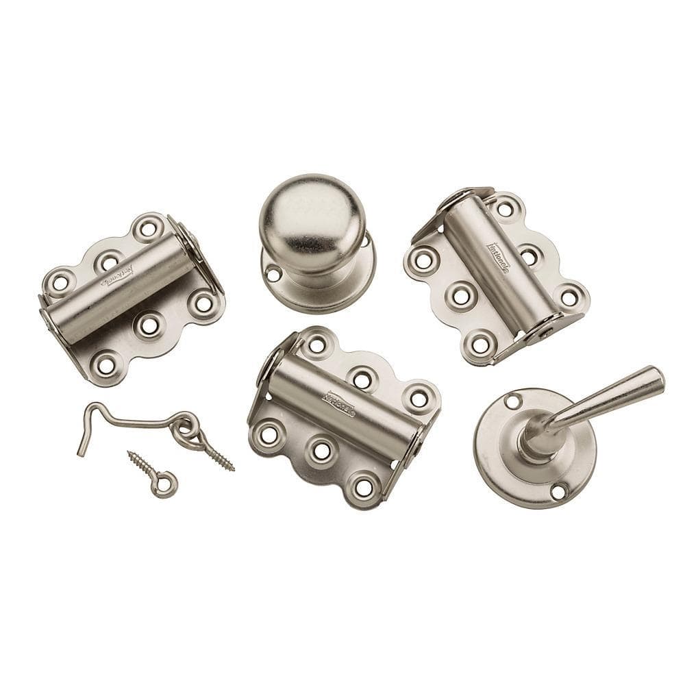 Screen door spring hinge kits in various finishes, including hinges, knobs, and installation hardware.