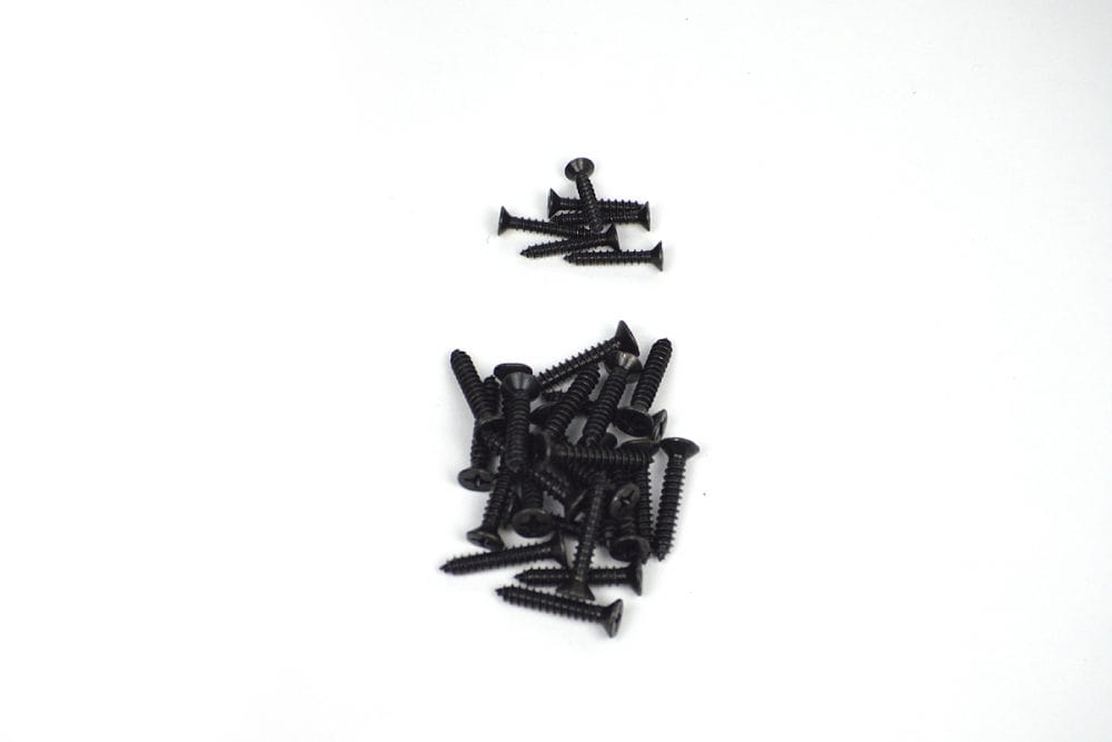 Black screw set for shutter hinges, compatible with Acme mortise sizes #088372 to #088376, sold as a complete set.