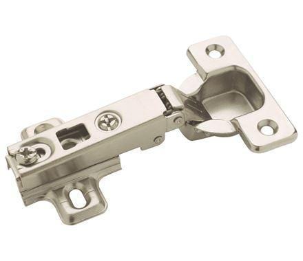 Self-closing concealed full overlay cabinet hinge in nickel finish, sold in a 2 pack for easy installation.