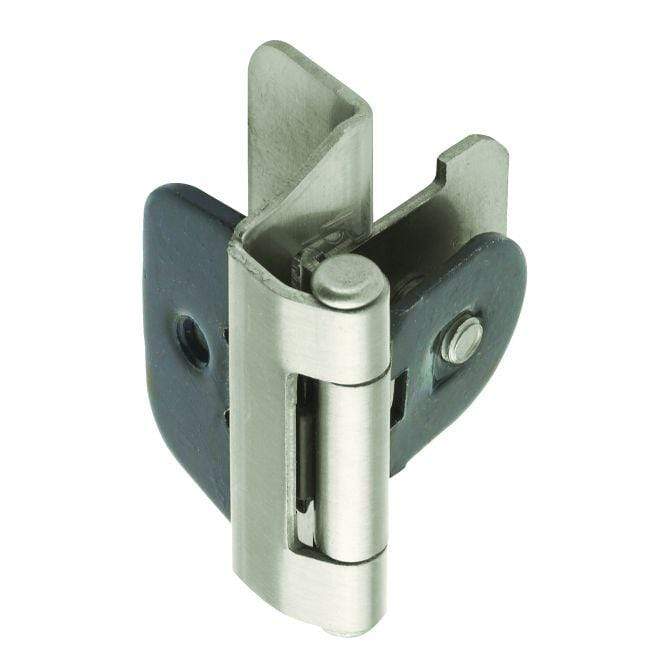 Self-closing double demountable cabinet hinge for 1/4 inch overlay, 2 1/4 x 1 1/2 inches, available in multiple finishes.