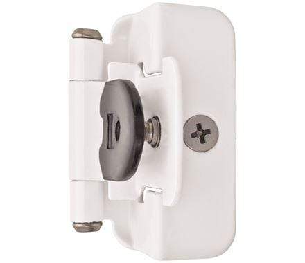 Self-closing double demountable cabinet hinges in 1/2 inch overlay, 2 1/4 x 1 1/2 inches, available in multiple finishes.
