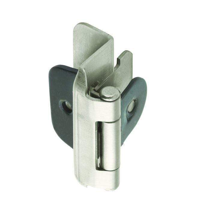 Self-closing double demountable cabinet hinge with satin nickel finish, 1/2 inch overlay, dimensions 2 1/4 x 1 1/2 inches.