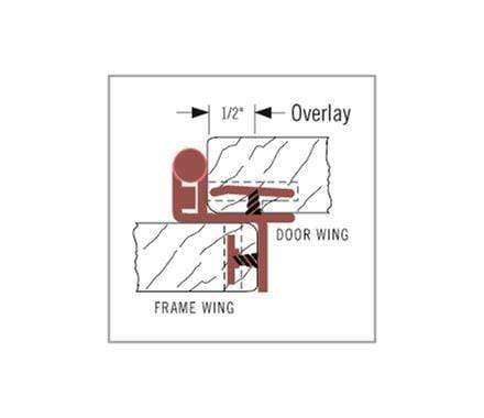 Self-closing double demountable cabinet hinges with 1/2 inch overlay, satin nickel finish, detailed diagram included.