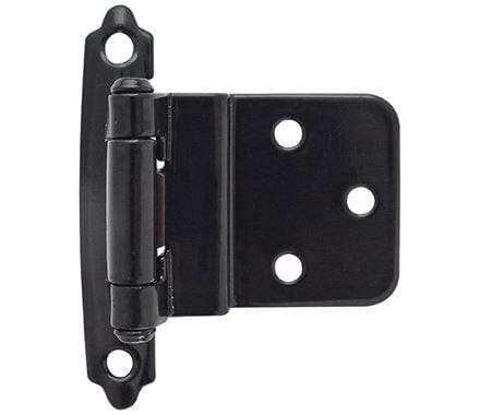 Self-closing face mount cabinet hinges in 3/8 inch inset, 2 3/4 x 2 3/16 inches, available in multiple finishes.