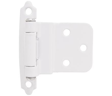 Self-closing face mount cabinet hinges in 3/8 inch inset, 2 3/4 x 2 3/16 inches, available in multiple finishes, 2 pack.