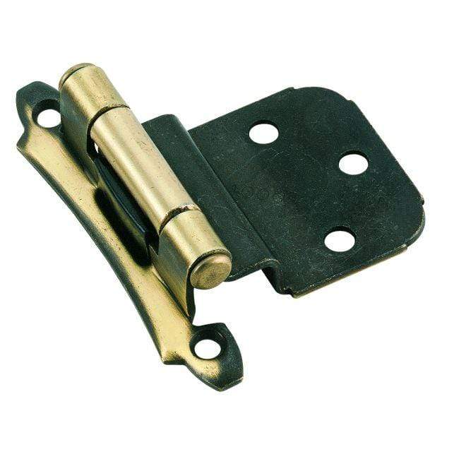 Self-closing face mount cabinet hinges in 3/8 inch inset, 2 3/4 x 2 1/8 inches, available in multiple finishes, 2 pack.