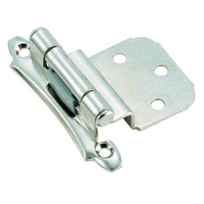 Self-closing face mount cabinet hinges in 3/8 inch inset, 2 3/4 x 2 1/8 inches, available in multiple finishes, 2 pack.