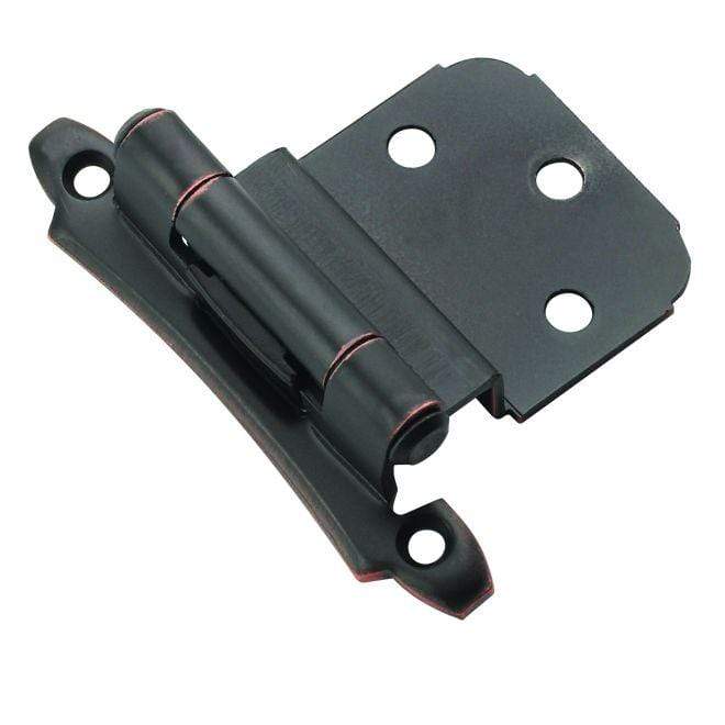 Self-closing face mount cabinet hinge with 3/8 inch inset, 2 3/4 x 2 1/8 inches, available in multiple finishes, 2 pack.
