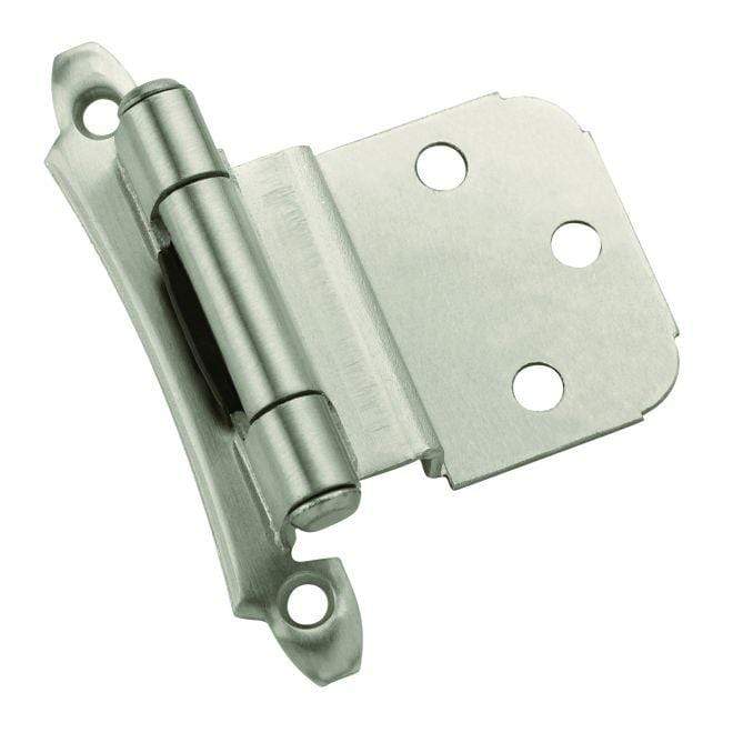 Self-closing face mount cabinet hinges for 3/8 inch inset, 2 3/4 x 2 1/8 inches, available in multiple finishes, 2 pack.