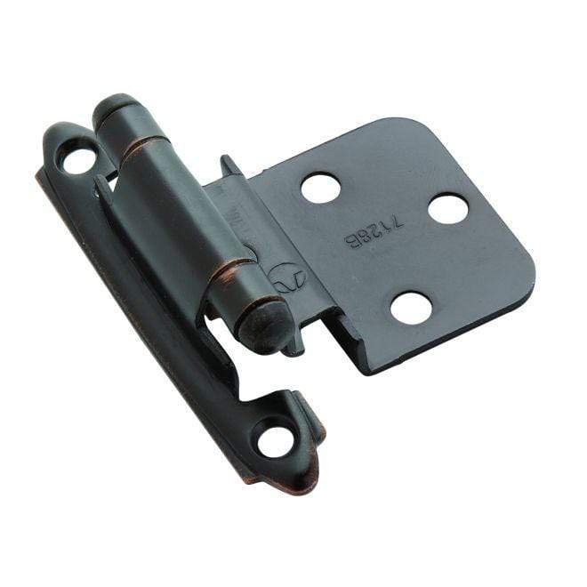 Self-closing face mount cabinet hinges in 3/8 inch inset, 2.75 x 2.19 inches, available in multiple finishes, 2 pack.