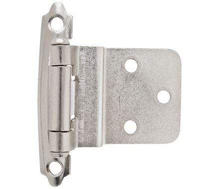 Self-closing face mount cabinet hinges for 3/8 inch inset, 2 pack, available in multiple finishes, 2.75 x 2.19 inches.