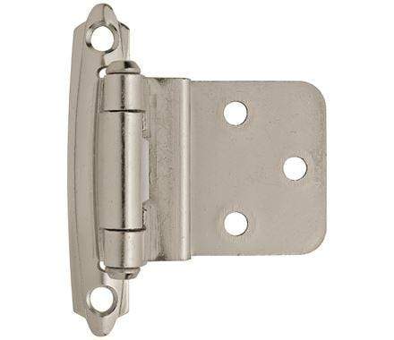 Self-closing face mount cabinet hinges in 3/8 inch inset, 2.75 x 2.19 inches, available in multiple finishes, 2 pack.