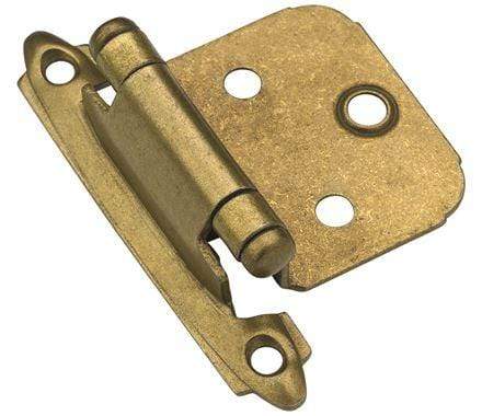 Self-closing face mount cabinet hinges in satin nickel, 2 13/16" x 1 3/4", sold in a 2-pack for easy installation.