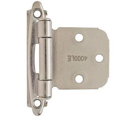 Self-closing face mount cabinet hinge in multiple finishes, 2 3/4" x 1 13/16", sold in a 2 pack for easy installation.