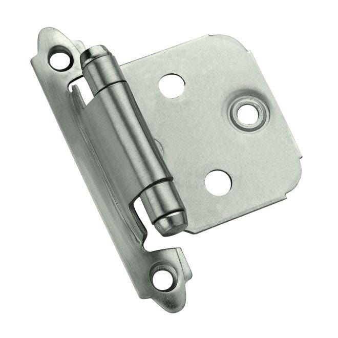 Self-closing face mount cabinet hinge in various finishes, 2 3/4" x 1 3/4", sold in a pack of two.
