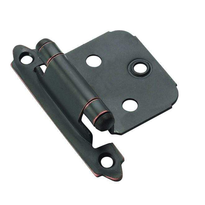 Self-closing face mount cabinet hinges in various finishes, 2 3/4" x 1 3/4", sold in a pack of two.