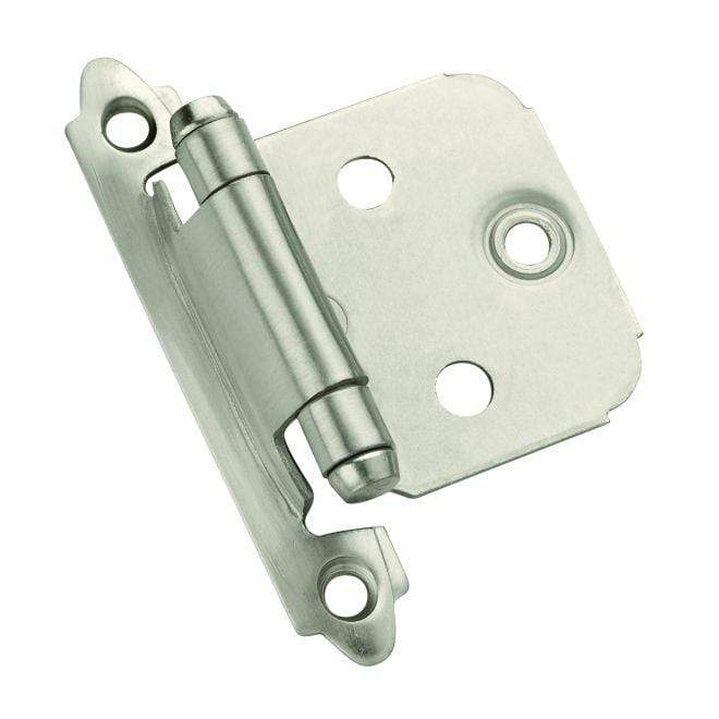 Self-closing face mount cabinet hinge in various finishes, 2 3/4" x 1 3/4", sold in a pack of two.