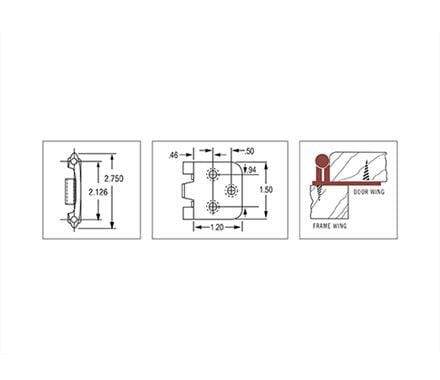 Self-closing face mount cabinet hinges in multiple finishes, 2 3/4" x 1 3/4", sold in a 2 pack with detailed dimensions.