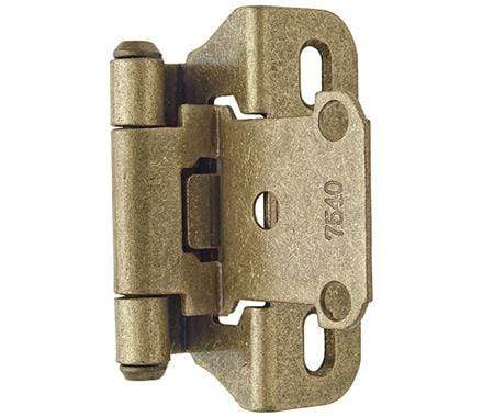Self-closing partial wrap cabinet hinges for 1/4 inch overlay, 2 1/4 x 1 1/2 inches, available in multiple finishes.