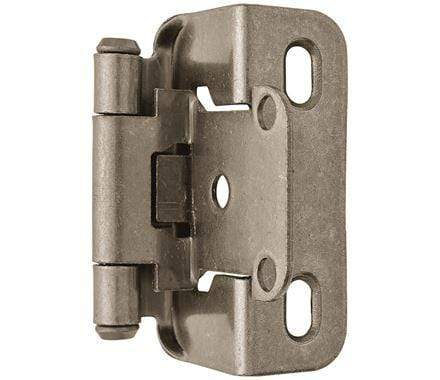 Self-closing partial wrap cabinet hinges in 1/2 inch overlay, 2 1/4 x 1 1/2 inches, available in multiple finishes, 2 pack.