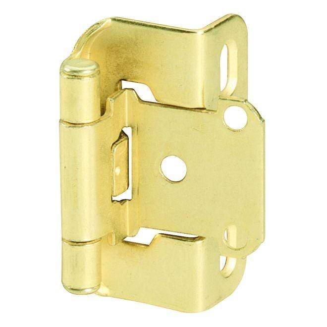Self-closing partial wrap cabinet hinges for 1/2 inch overlay, 2 1/4 x 1 1/2 inches, available in multiple finishes.