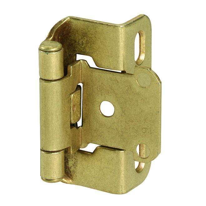 Self-closing partial wrap cabinet hinges with 1/2 inch overlay, 2 1/4 x 1 1/2 inches, available in multiple finishes.