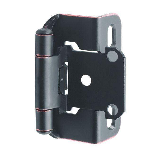 Self-closing partial wrap cabinet hinge in black, 1/2 inch overlay, 2 1/4 x 1 1/2 inches, available in multiple finishes.