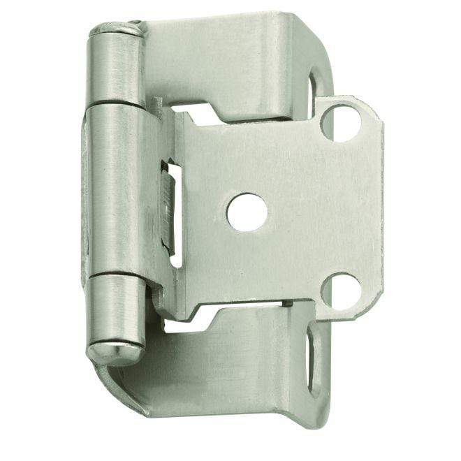 Self-closing partial wrap cabinet hinges in 1/2 inch overlay, 2 1/4 x 1 1/2 inches, available in multiple finishes.