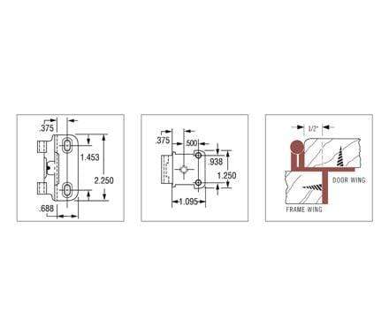 Self-closing partial wrap cabinet hinges for 1/2" overlay, 2-pack, available in multiple finishes with detailed dimensions.