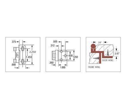 Self-closing partial wrap 3/8 inch inset cabinet hinges in multiple finishes, 2 pack, dimensions 2.25 x 1.875 inches.