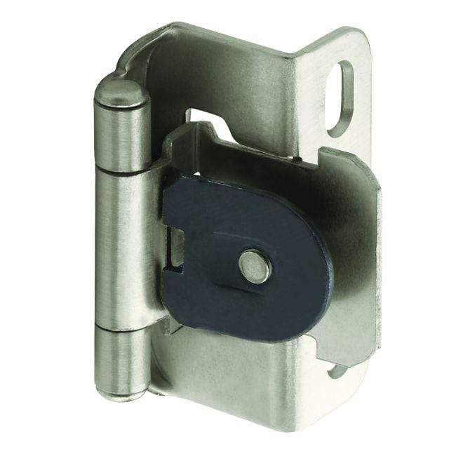 Self-closing cabinet hinges in satin nickel finish, 1/2" overlay, 2 1/4" x 1 1/2", sold in packs of 2.