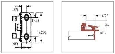 Self-closing satin nickel cabinet hinges with 1/2" overlay, 2 1/4" x 1 1/2", sold in packs of 2. Ideal for cabinets.