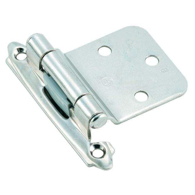 Self-closing variable overlay face mount cabinet hinge in silver finish, 2 3/4" x 1 13/16", sold in a 2 pack.