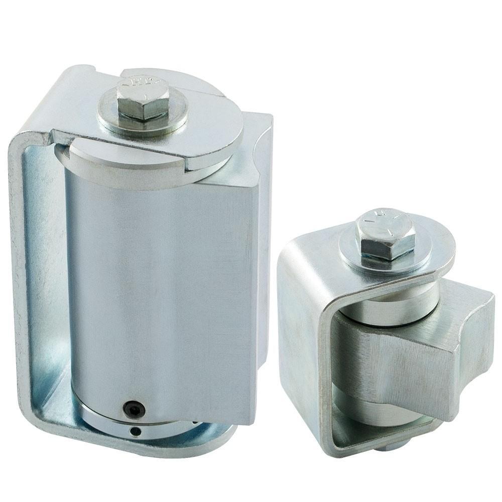 Heavy duty self-closing weld-on hinge set for gates, made of steel, supports up to 750 lbs, sold as a set.