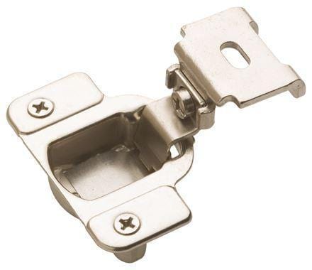 Self-closing 1 1/4 inch overlay cabinet hinge in nickel finish, sold in a 2 pack for easy installation.