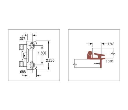 Self-closing single demountable cabinet hinges for 1/4" overlay, 2.25" x 1.5", available in multiple finishes, 2 pack.