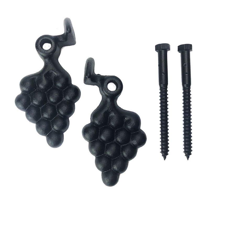 Shutter Dogs / Tiebacks - JP Style #30-L Grape with Lag - 5-1/2" Inch - Cast Iron - Black Powder Coat - Sold in Pairs