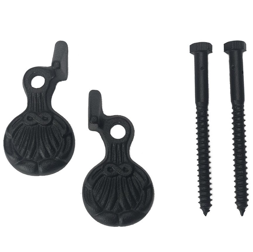 Black cast iron shutter dogs in JP Style #32-L Shell design, 3.375 inches, sold in pairs with screws included.