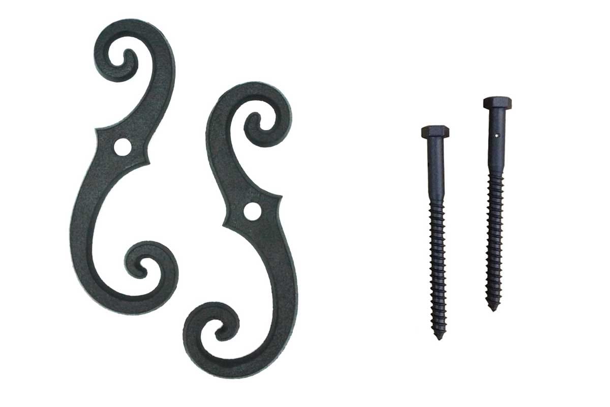 Beveled scroll shutter dogs in black cast iron with lag screws, 6-3/4 inches, sold in pairs for secure tiebacks.
