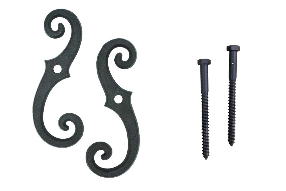 Shutter Dogs / Tiebacks - Beveled Scroll with Lag - 6-3/4" Inch - Cast Iron - Black Powder Coat - Sold in Pairs