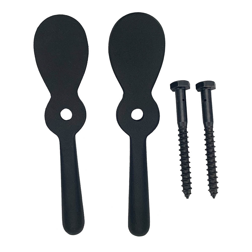 Black powder-coated cast iron shutter dogs and tiebacks, 7 inches, sold in pairs with screws included.